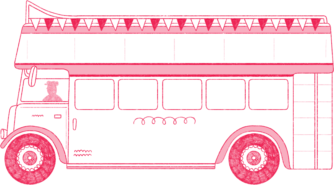 illustrated picture showing a red open top bus with driver